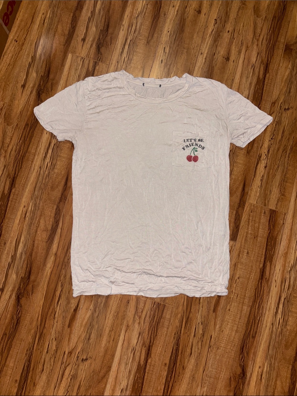 American Eagle Off White 'Let's Be Friends' Cherry Pocket Tee